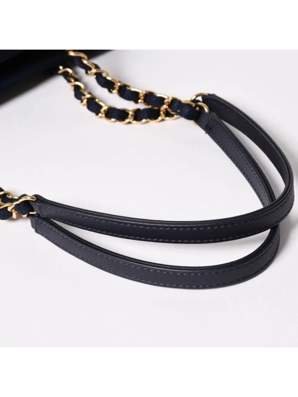 Chanel Deauville PM Chain Tote Shoulder Bag Denim Canvas CC Logo Navy Gold